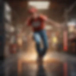 A whimsical depiction of a character flipping through a vibrant game world in a Nintendo title