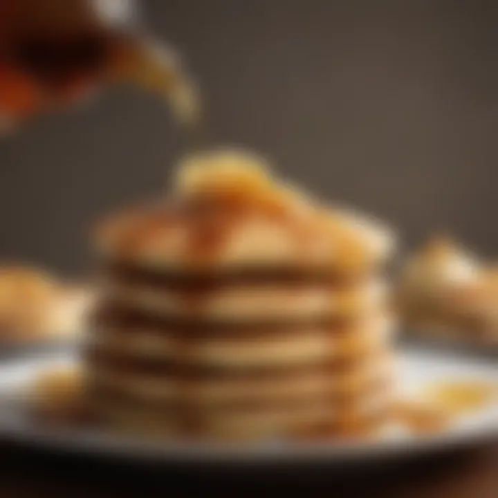 Close-up of maple syrup cascading over pancakes