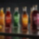 A vibrant array of different sweet syrups in glass bottles