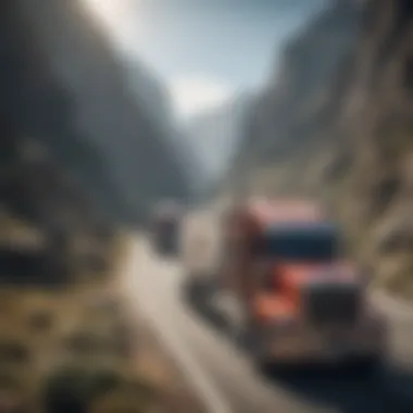 Truck convoy driving through scenic mountain pass