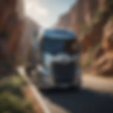 Abstract representation of a virtual truck driving through a digital landscape