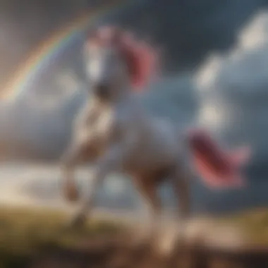 Unicorn galloping under a rainbow sky with fluffy clouds