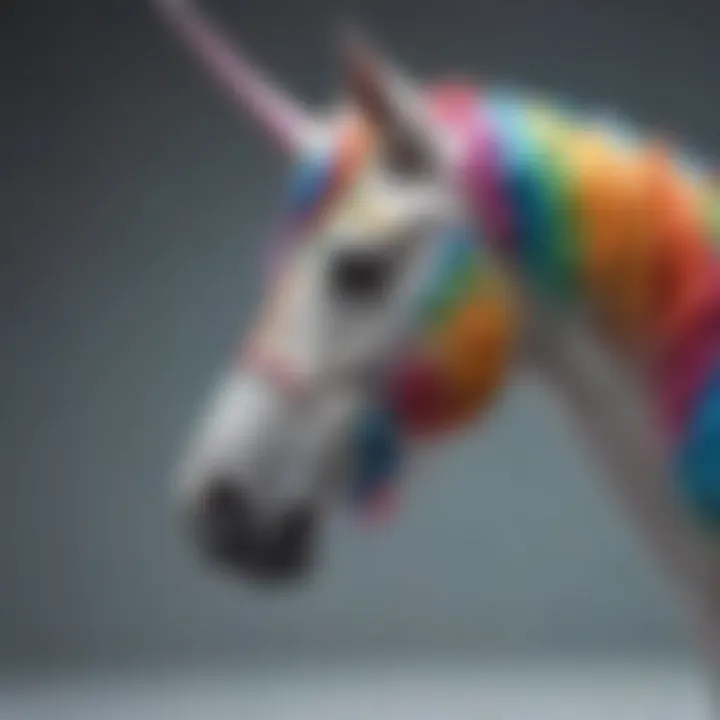 Unicorn with intricate rainbow patterns on its horn and hooves