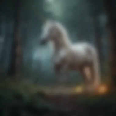 Unicorn in a mystical forest setting surrounded by twinkling stars