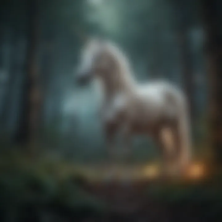 Unicorn in a mystical forest setting surrounded by twinkling stars