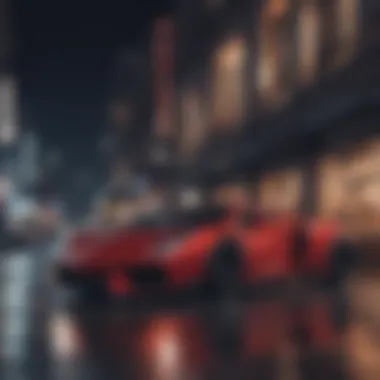 Red supercar under city lights at night